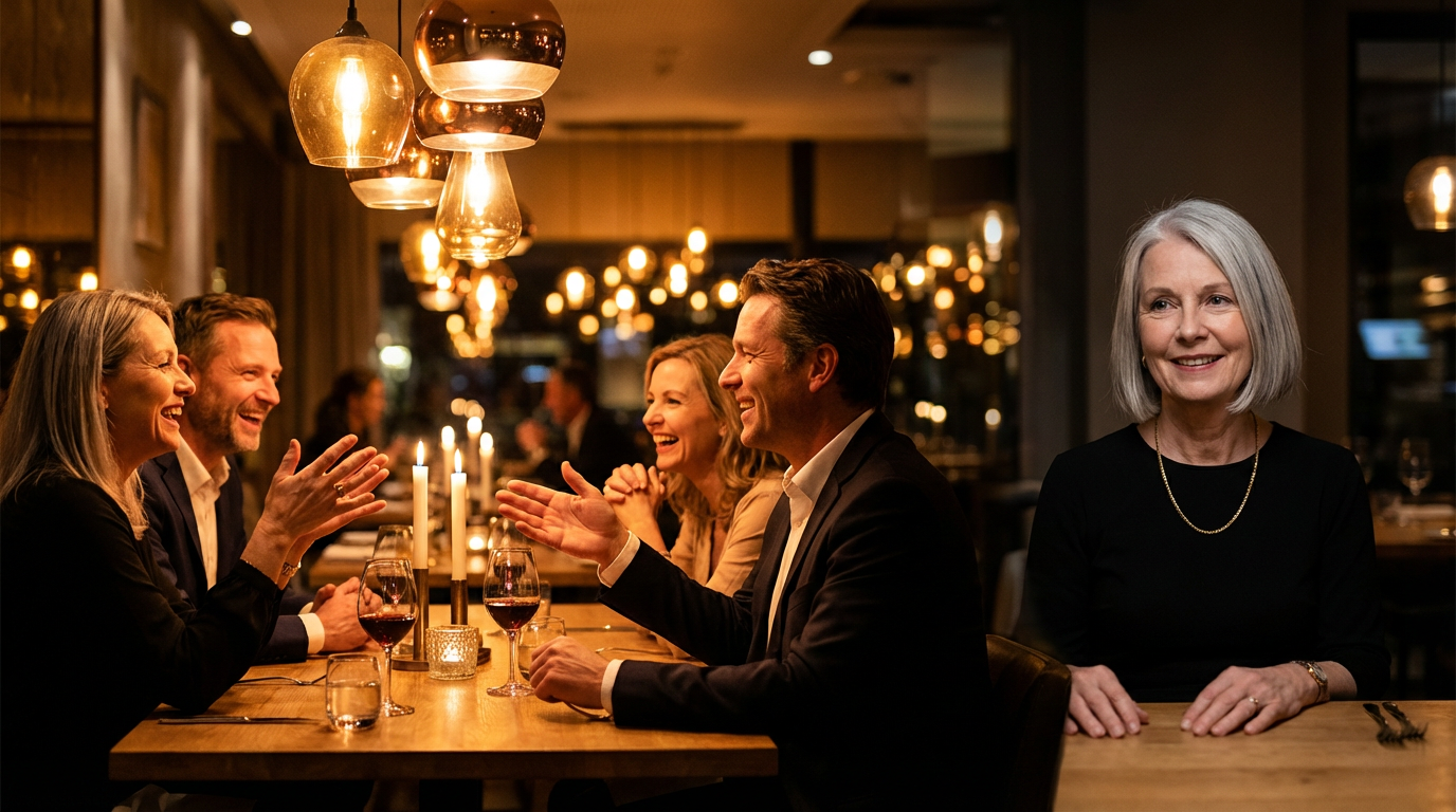 Woman at far end of restaurant table while others laugh and gesture animatedly