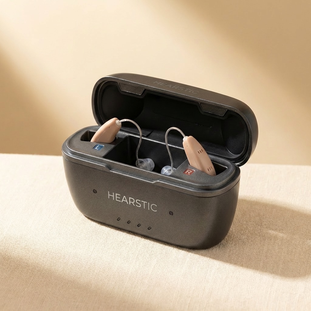 Hearstic Clarity hearing aid pair in open charging case on clean white background