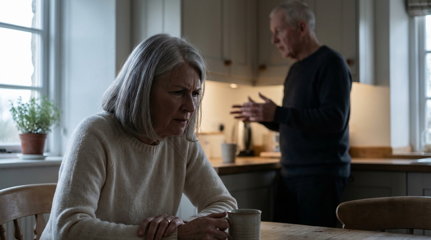 Person sitting at kitchen table watching their partner talk from across the room near the counter, expression attentive but strained