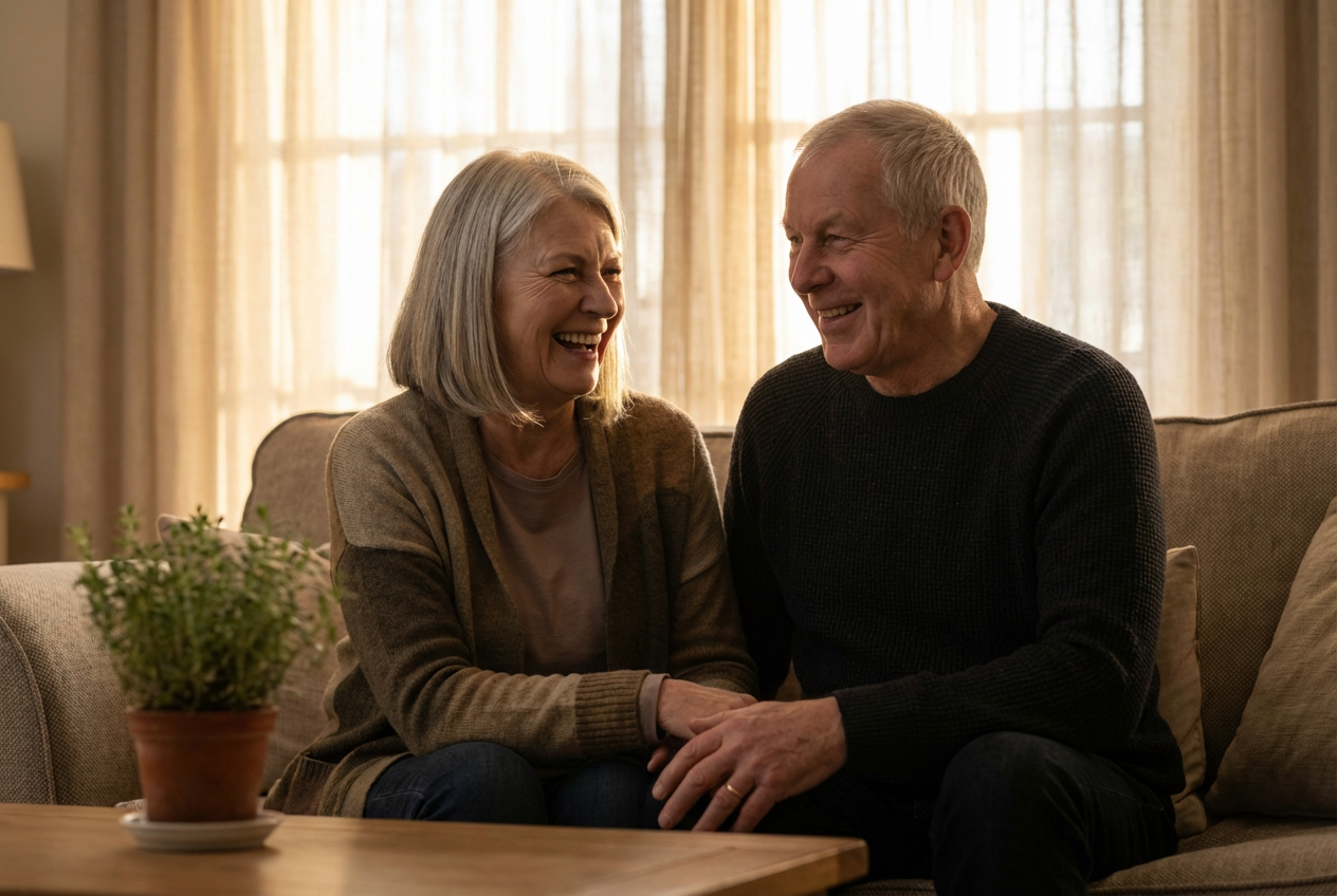 Couple sitting together relaxed in natural light, mid-conversation, both engaged — a genuine connected moment