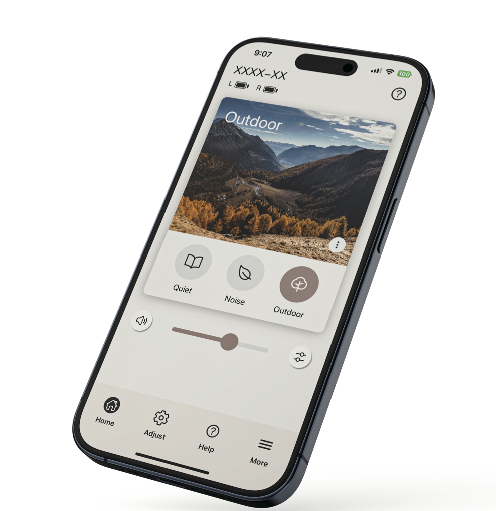 HA-Link app interface showing EQ sliders on a phone screen with Outdoor mode selected