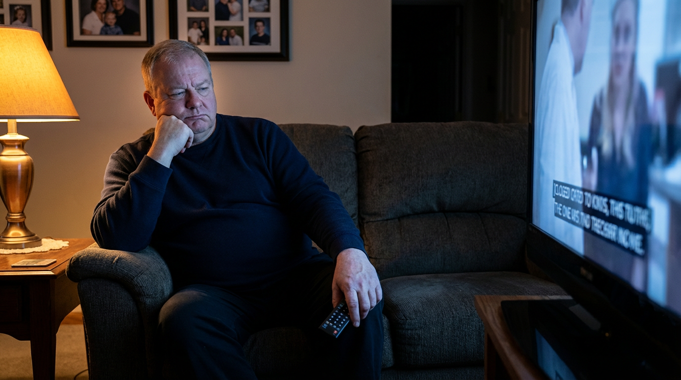 Man sitting alone on couch watching TV with subtitles in dim living room