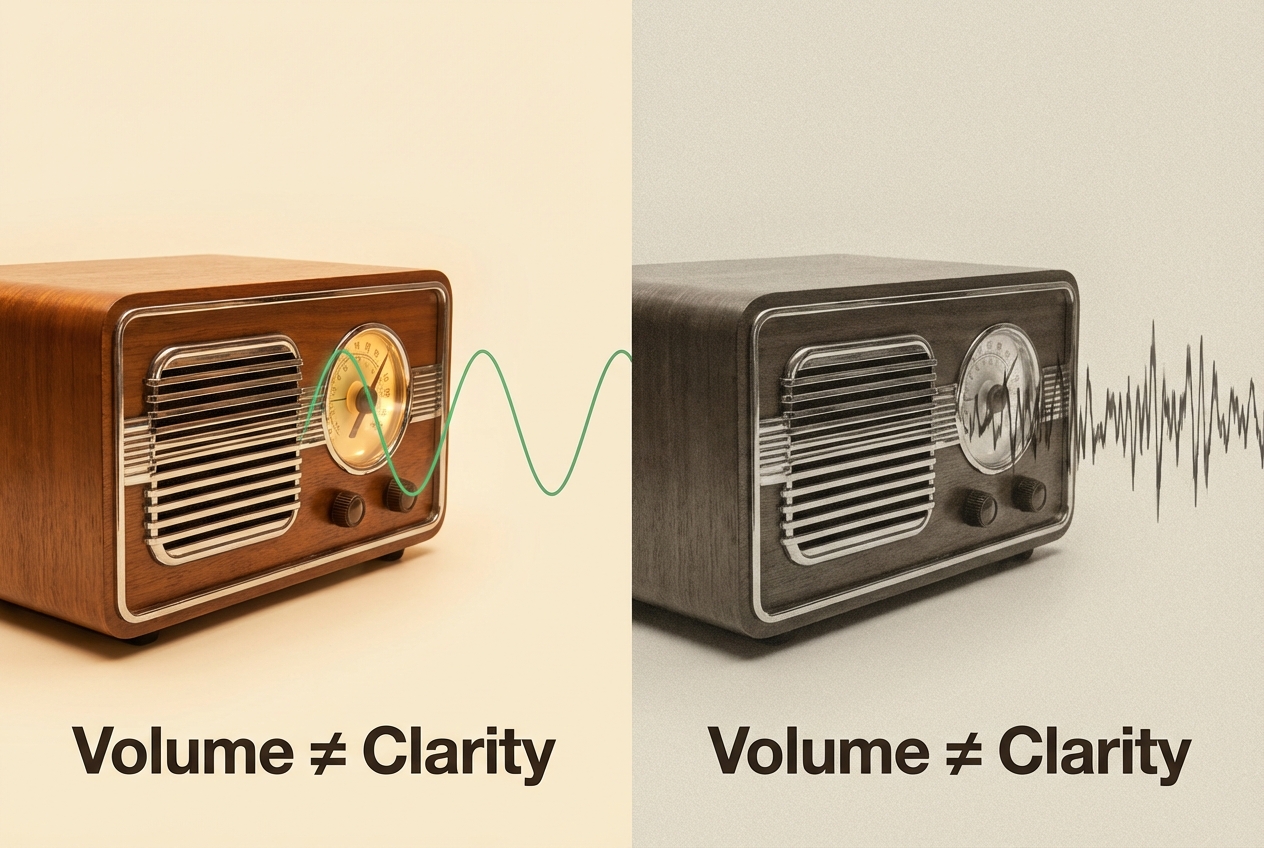 Radio dial slightly off-station illustration with text showing Volume does not equal Clarity