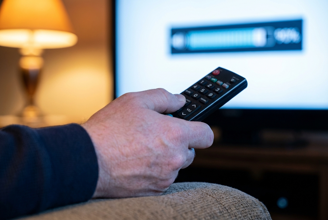 Close-up of TV remote with volume bar nearly at maximum, living room background blurred